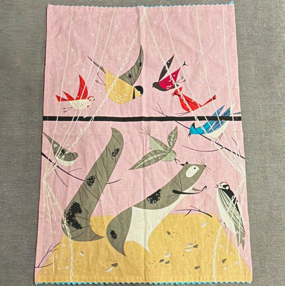 Charley Harper Todd Oldham Fishes Eddy Pink Bird Print Cotton Tea Towel NWOT